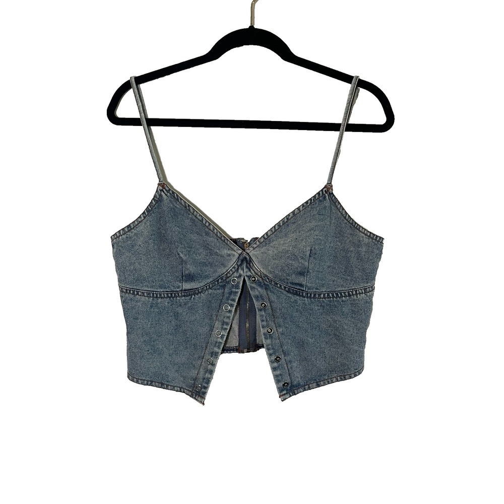 Retro Denim Crop Tank Top Blue L Boho Indie Festival Country Music Y2K